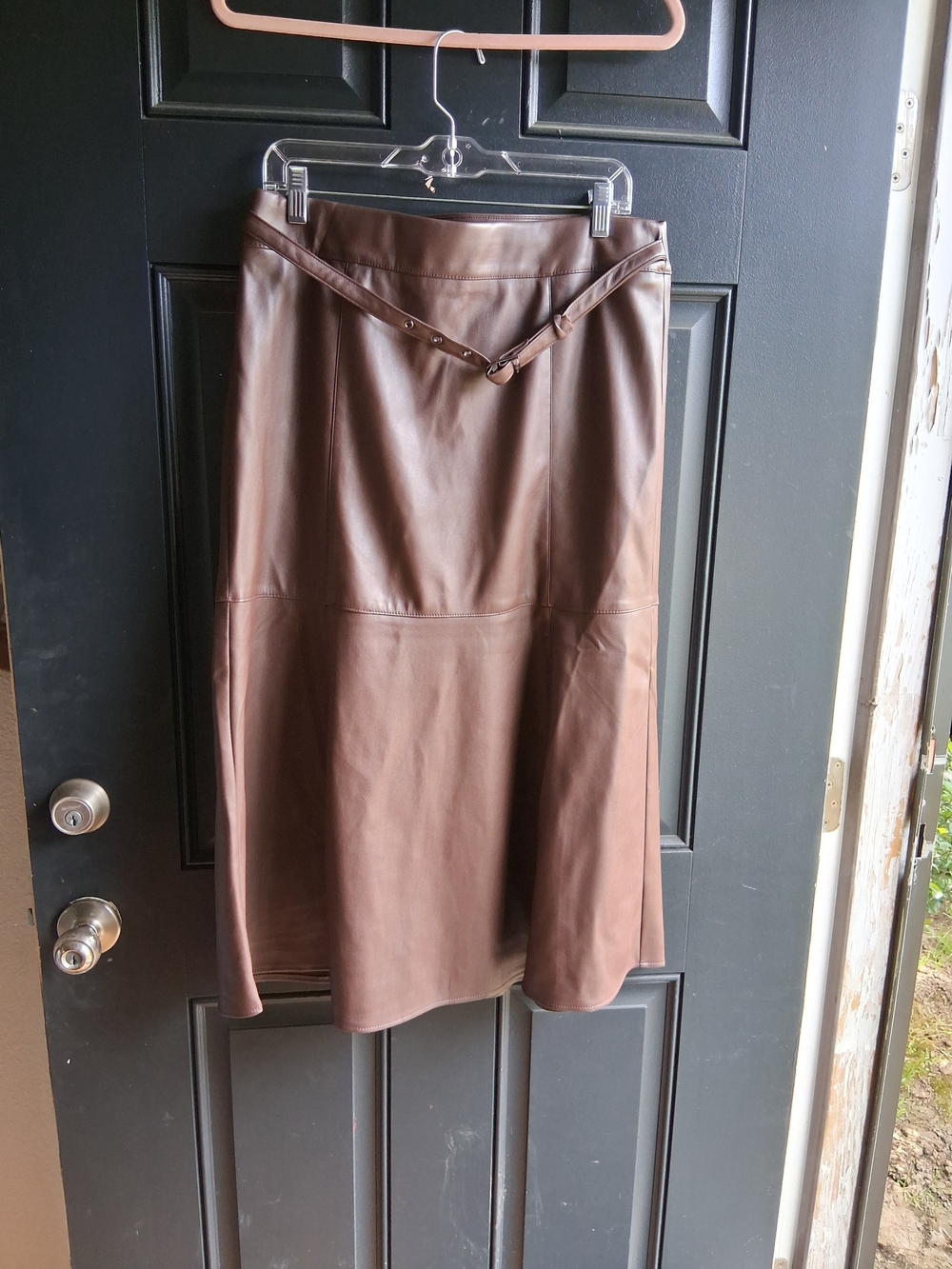 Women’s Brown Faux Leather Maxi Skirt with Decorative Belt